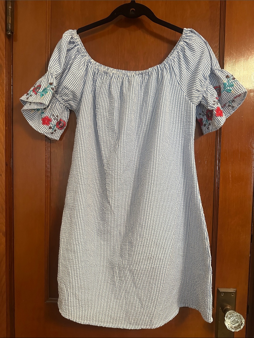 Love Notes Blue & White Striped Off-Shoulder Mini with Floral Embroidery